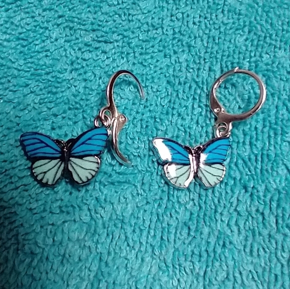 Silvertone blue butterfly pierced dangle wire earrings - Picture 3 of 3